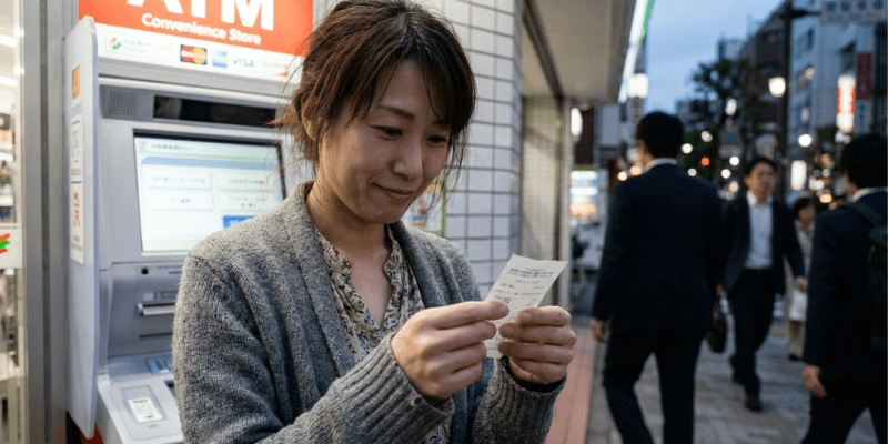 浮気調査の証拠を手に、ATMの前で将来の生活再建を確信する女性の表情