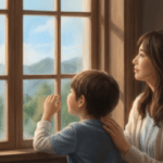 雨の降る窓の外を見つめる親子。孤独や不安を抱える親子の心の痛みと、それを救い出し笑顔を取り戻すというYクリスタル探偵社の使命を象徴するイメージ画像。