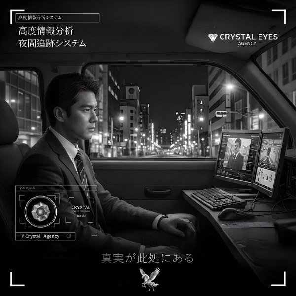 車内にて高度解析モニターを注視しながら証拠を追跡する、Yクリスタル探偵社の調査リーダーとクリスタルアイズの独自システム。大手が断念した現場を完遂する圧倒的な実戦力を象徴する一枚。