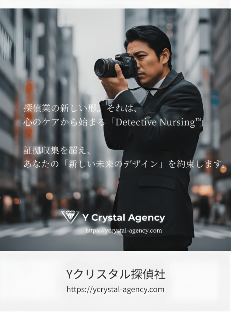 Yクリスタル探偵社のベテラン調査員。正面を向き、カメラを構えて真実を追求する決意の瞬間。