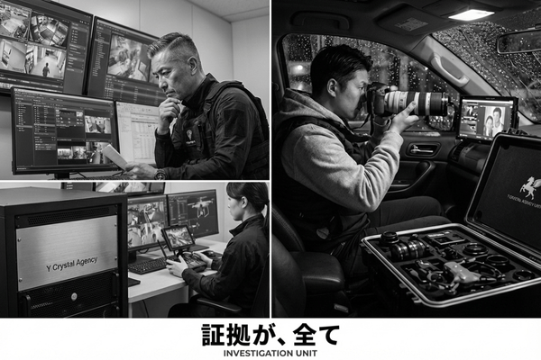 証拠収集に集中する探偵調査員のモノクロ写真。左側には遠隔モニターを注視する様子、右側には精密機材を展開しカメラを構える姿が並び、「証拠が、全て」の文字が中央に刻まれている。