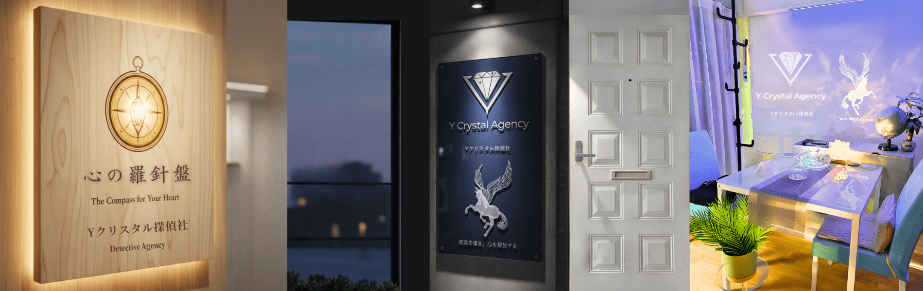 「心の羅針盤」の看板と、「真実を導き、心を解放する」というメッセージを掲げた事務所の濃紺の看板、そしてお客様が安心して相談できる温かみのある打ち合わせスペースを映したウェブサイトのトップページ画像。