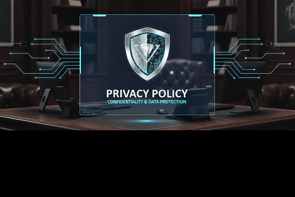 Yクリスタル探偵社のダイヤロゴが入ったデジタルシールド。PRIVACY POLICY（プライバシーポリシー）の文字と、厳重な情報保護体制を象徴しています。